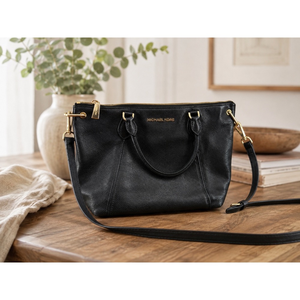 Michael Kors Black Pebbled Leather Satchel Crossbody Bag Gold Hardware Handbag